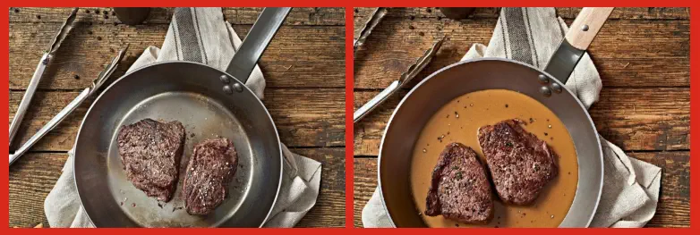 Asado de carne en una Sartén de Acero Azul